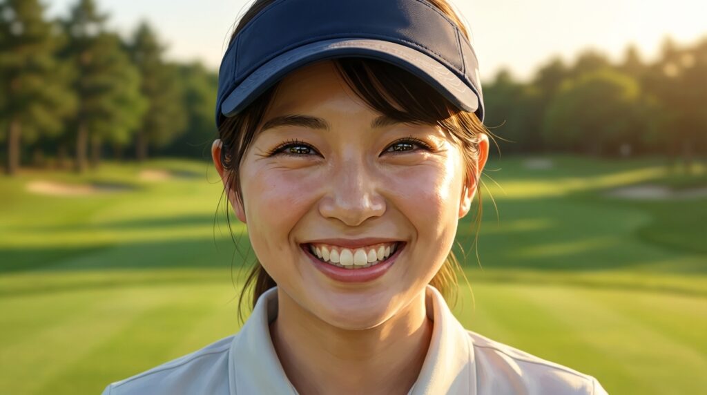 ゴルフ場で紺色のバイザーをかぶり、満面の笑みを浮かべるアジア人女性のポートレート。