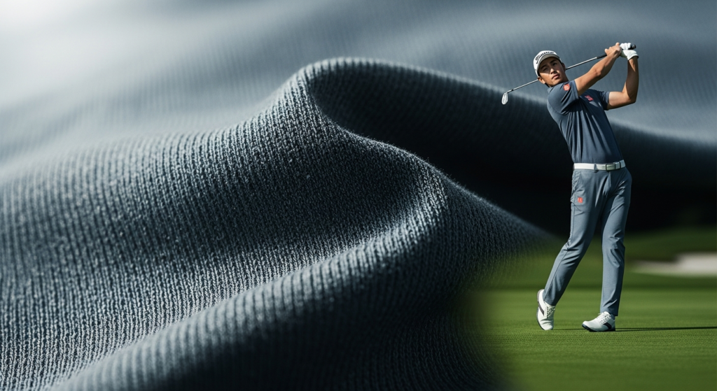 左側に大きく写る濃いグレーの質感ある布地と、右側で同系色のゴルフウェアを着てスイング中の男性ゴルファー。
