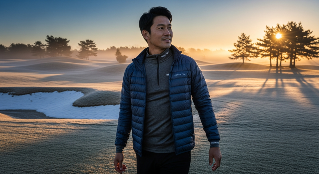 霜が降りた冬のゴルフコースで、HEATTECHのダウンジャケットとシャツを着たアジア人男性が、朝日と木々の長い影を背景に微笑んでいます。