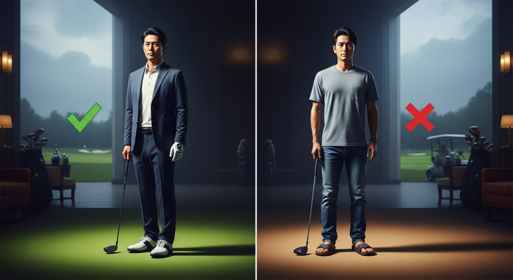 ゴルフ場での適切な服装(スーツとゴルフシューズ)と不適切な服装(Tシャツとジーンズ、サンダル)を左右で比較する画像です。