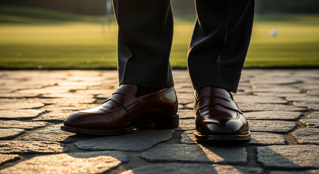 夕日の光が差し込む石畳の上に、茶色のローファーと濃いスラックスを履いた人物の足元が写っており、背景には緑の芝生が広がる。