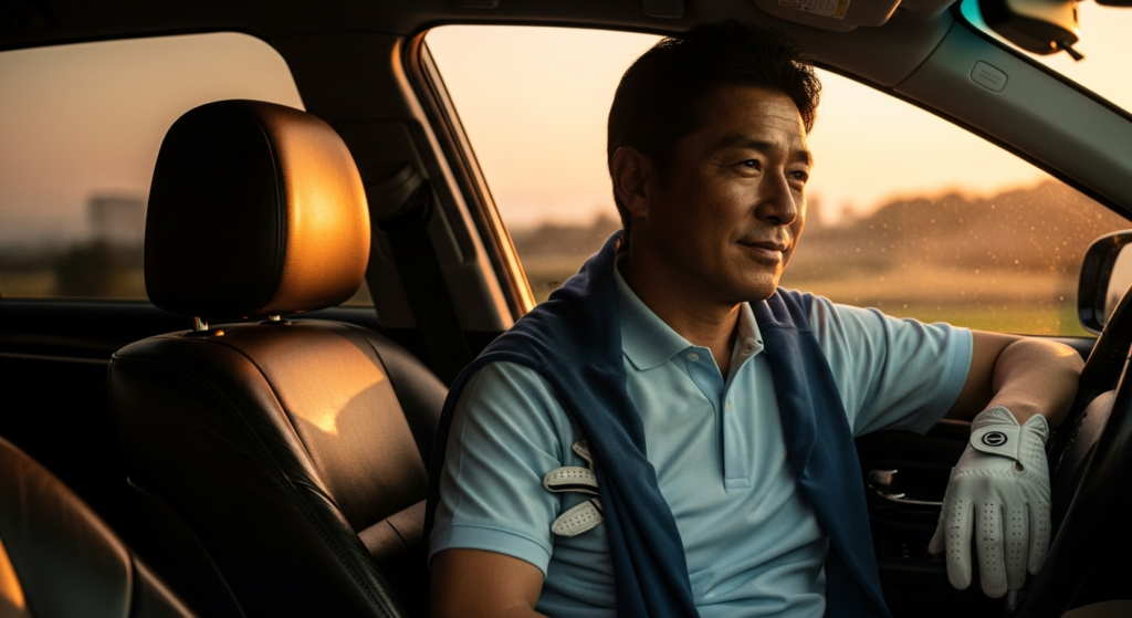 夕焼けに照らされた車内で、ゴルフグローブをはめ、肩にセーターを掛けた男性が穏やかな表情で座っている。
