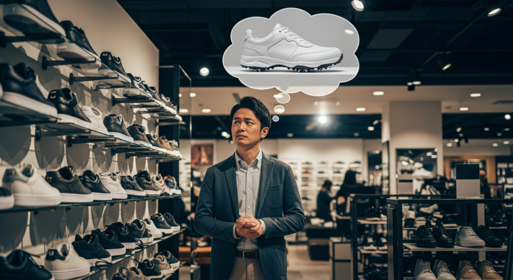 靴売り場で、考え込む表情のアジア人男性が、頭上の吹き出しに描かれた白いゴルフシューズを欲しがっている。