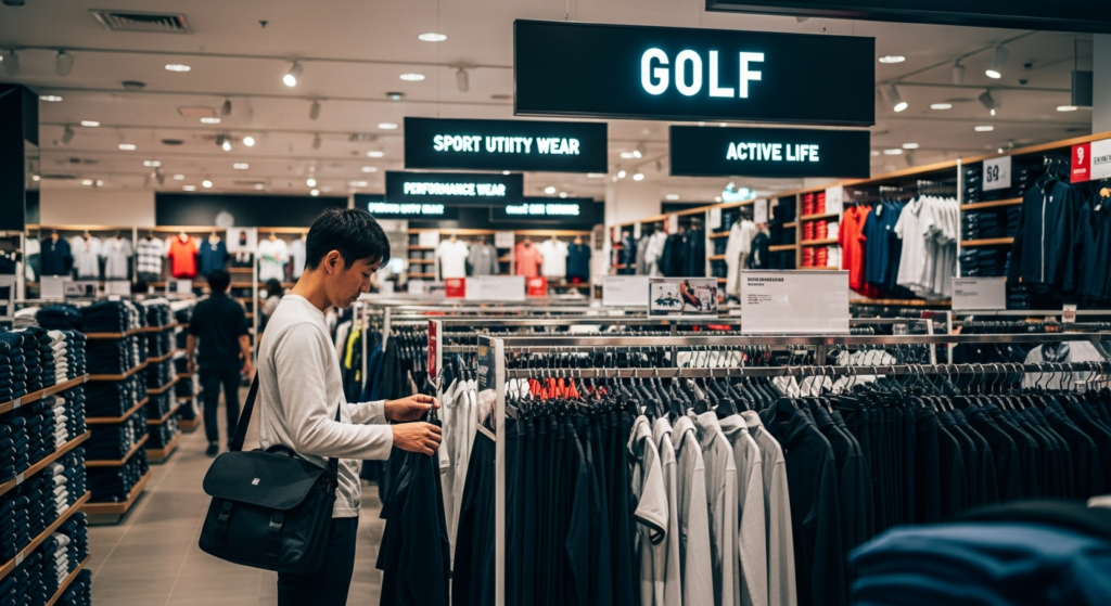 「GOLF」と書かれた看板のあるスポーツウェア売り場で、男性が商品を手に取って見ている。