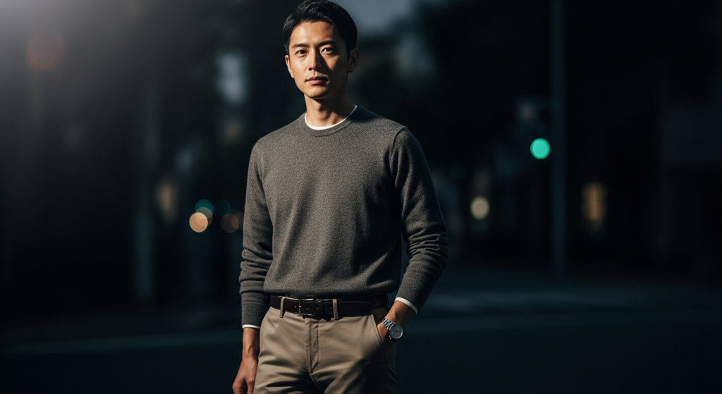 夜のぼやけた街の光を背景に、グレーのセーターとベージュのチノパンを着用し、カメラを見つめる若いアジア人男性の全身像。