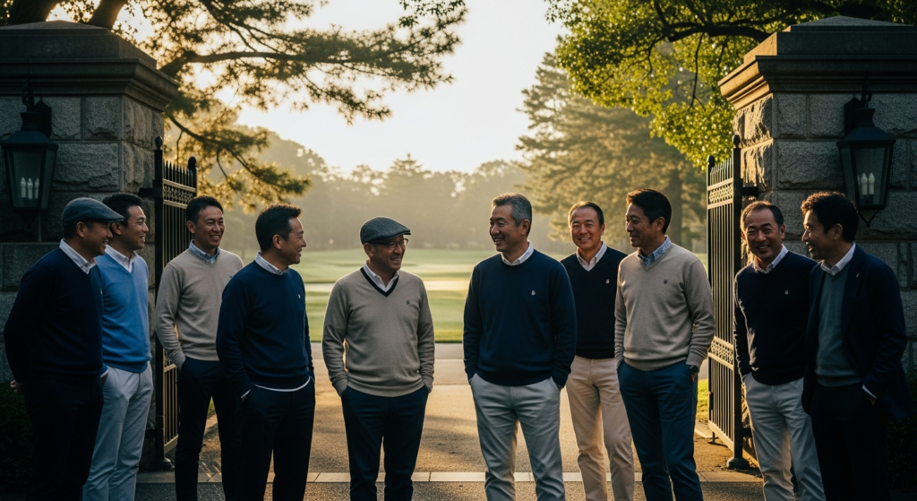 柔らかな光が差し込むゴルフ場の石造りの門の前で、10人の男性が笑顔で談笑しています。
