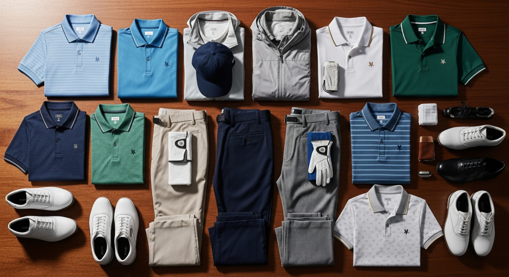 木製のテーブルに、複数のポロシャツ、パンツ、ジャケット、帽子、ゴルフシューズ、グローブ、サングラスなど、メンズゴルフウェアとアクセサリーが平置きされている。