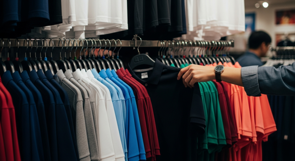 アパレルショップで、色とりどりのポロシャツが並ぶラックから、腕時計をつけた手が黒いポロシャツを選んでいる様子。