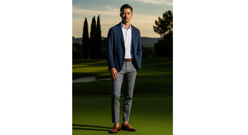夕暮れのゴルフコースに立つ、紺のジャケットとグレーのパンツ姿の男性の全身像。