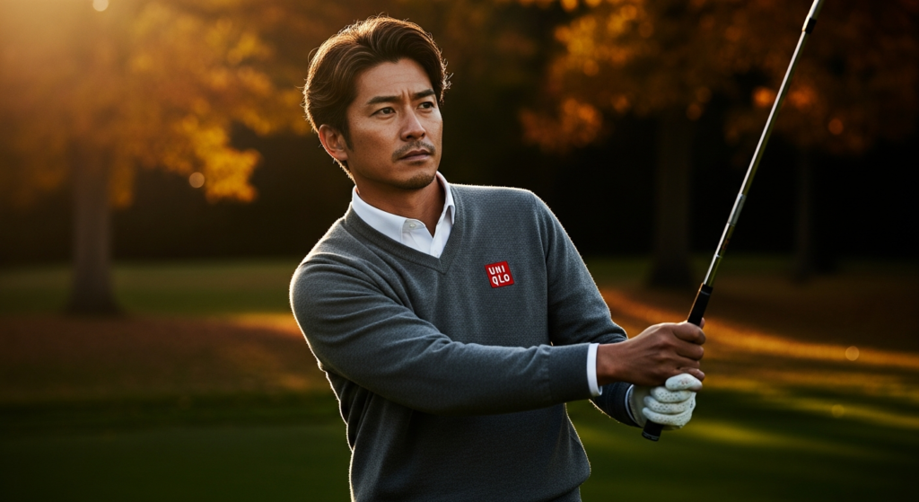 夕焼けを浴びるゴルフコースで、UNIQLOのセーターを着てゴルフクラブを握る男性ゴルファー。