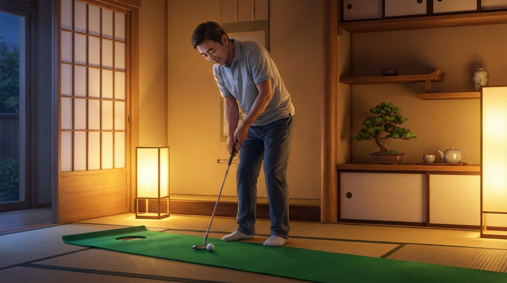 夜の和室で、男性がゴルフのパッティング練習をしている。