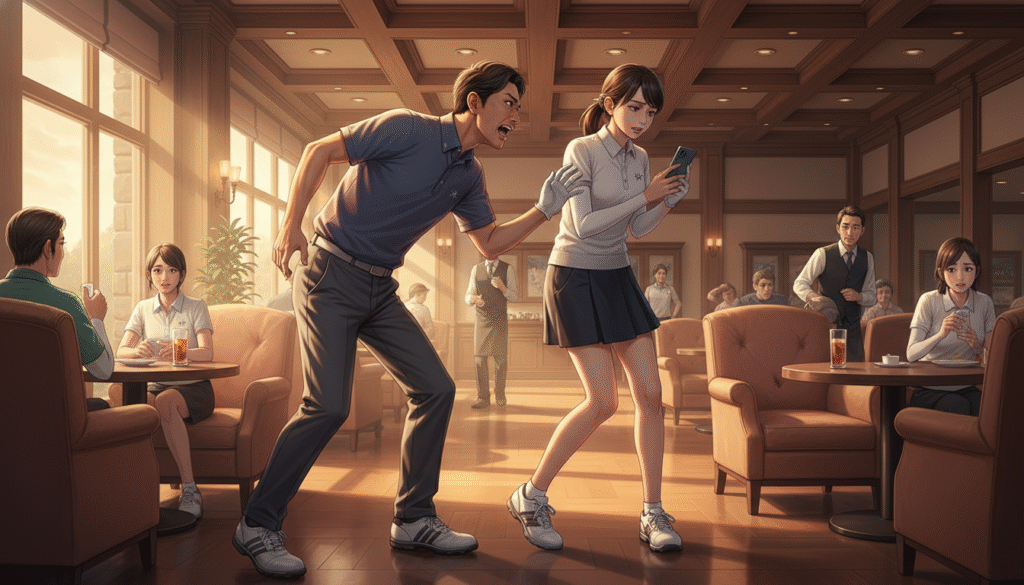 夕焼けが差し込むゴルフコースで、ゴルフカートとゴルフバッグの横に笑顔で立つ男性ゴルファー。