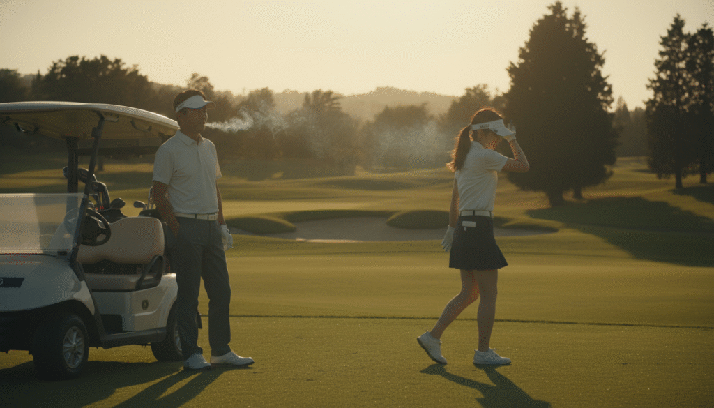夕暮れのゴルフコースで、ゴルフカートのそばに立ち煙を吐く男性ゴルファーと、日差しを遮るように立つ女性ゴルファーが写っています。