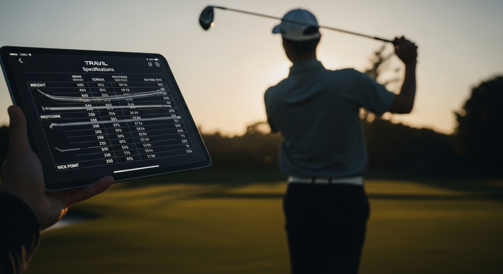 夕暮れのゴルフコースでスイングするゴルファーを背景に、ゴルフシャフトの仕様がグラフと数値で表示されたタブレットが手前に写っています。