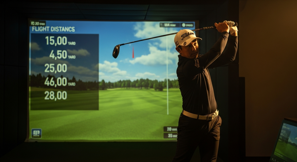 白いキャップをかぶったゴルファーが、バーチャルなゴルフコースと飛距離データが表示されたゴルフシミュレーターの大型スクリーン前でクラブをスイングしている。