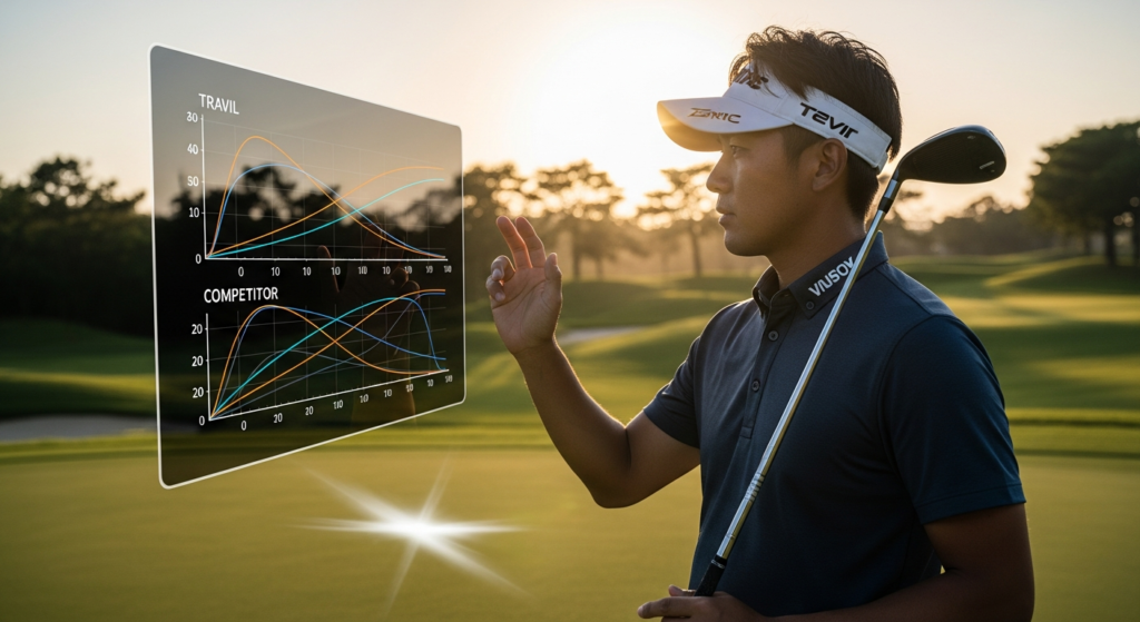 夕暮れ時のゴルフコースで、ゴルフクラブを肩に担いだ男性ゴルファーが、「TRAVIL」と「COMPETITOR」のゴルフパフォーマンス比較を示すホログラフィックなグラフを指で操作するかのように見ています。