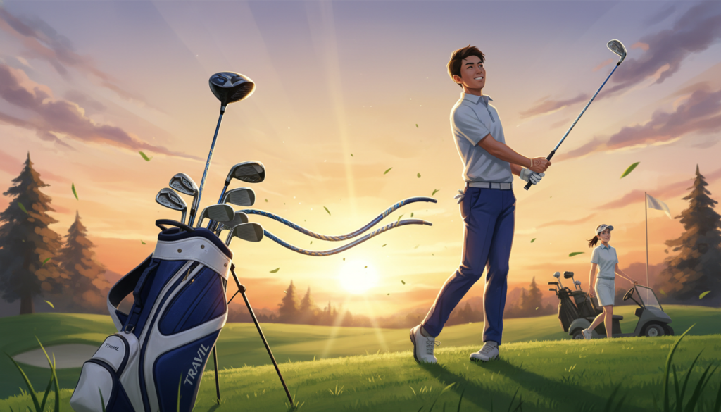 夕焼けのゴルフコースで、笑顔の男性ゴルファーがドライバーを振り上げ、奥には女性ゴルファーとゴルフカートが見えるイラスト。