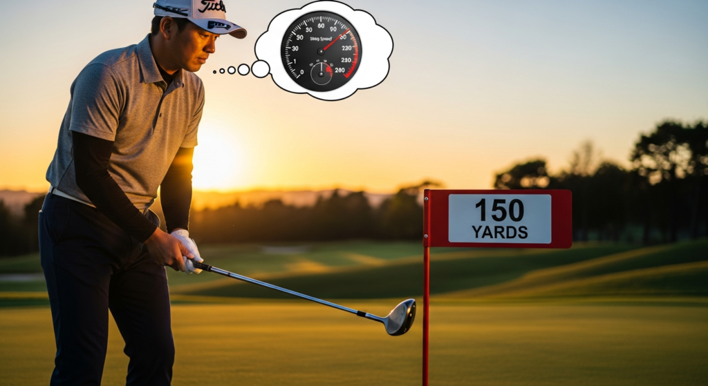 夕焼けのゴルフコースで、スイングスピードのメーターを頭に浮かべながら150ヤード先の目標にゴルフクラブを構える男性ゴルファーの姿。