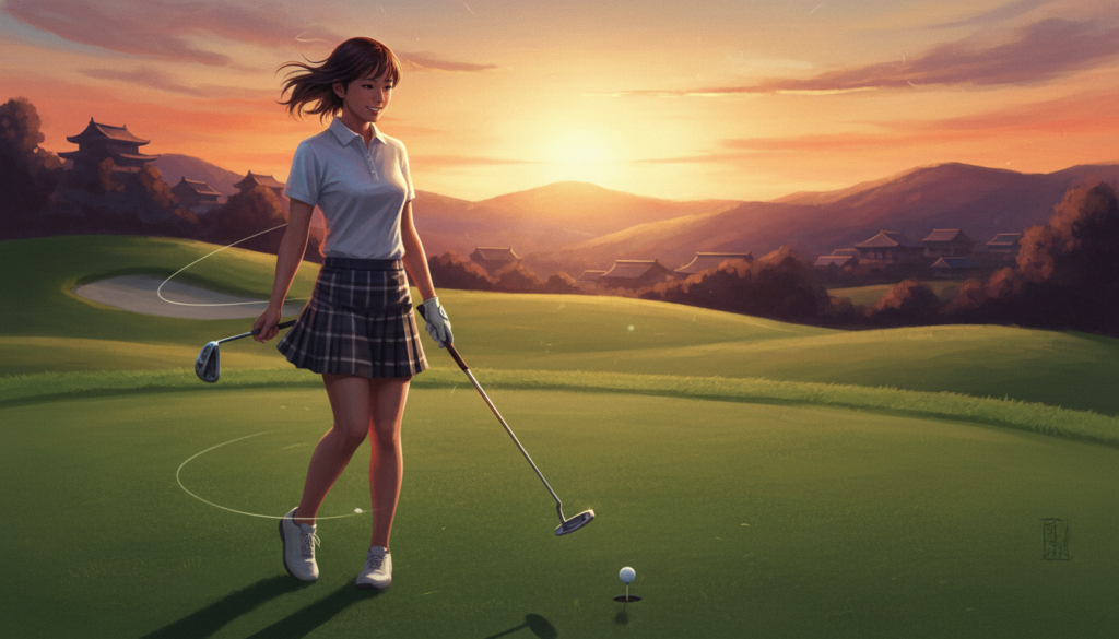 夕焼けに染まる美しいゴルフコースで、日本風の建物と山々を背景に、パターを持つ若い女性がボールの近くに立っている。