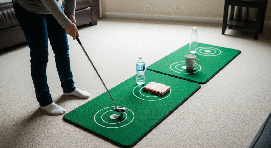 明るい室内で、人物がゴルフのパッティングマットを使い、パターを構えている様子。