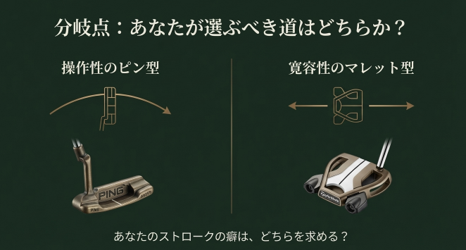 操作性のピン型パターと寛容性のマレット型パターのストローク比較図解