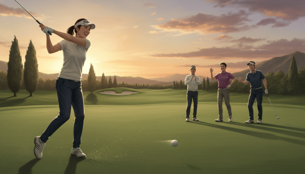 夕暮れのゴルフコースで、ゴルフカートに乗って笑顔で会話するアジア人の男女。