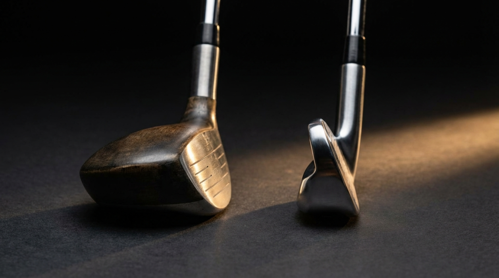 暗い背景に、ウッドとアイアンの2本のゴルフクラブのヘッドが並べられています。