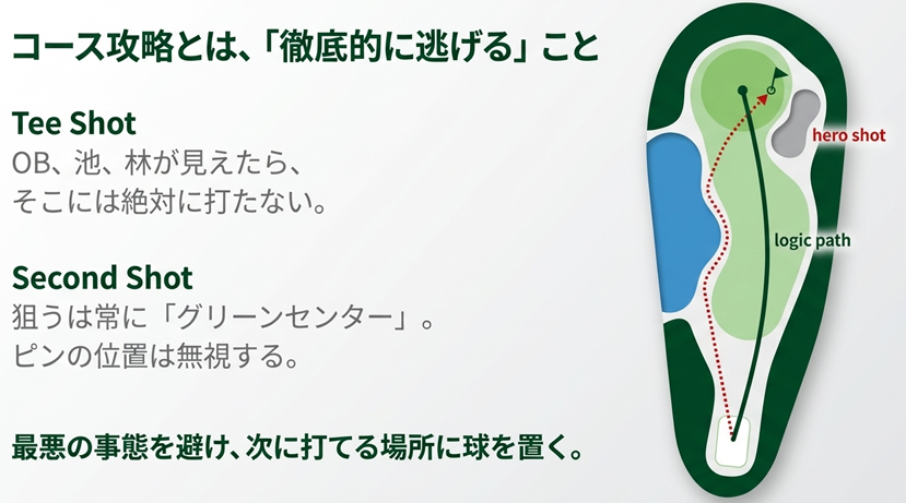 ゴルフのコース攻略図解 ハザードを避けてグリーンセンターを狙う安全なルート