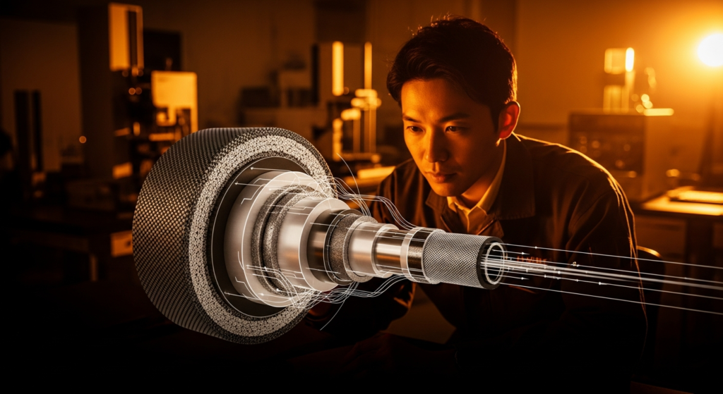 内部に光る線が見える多層構造のケーブルの断面図を、男性が研究室のような背景で熱心に観察している。