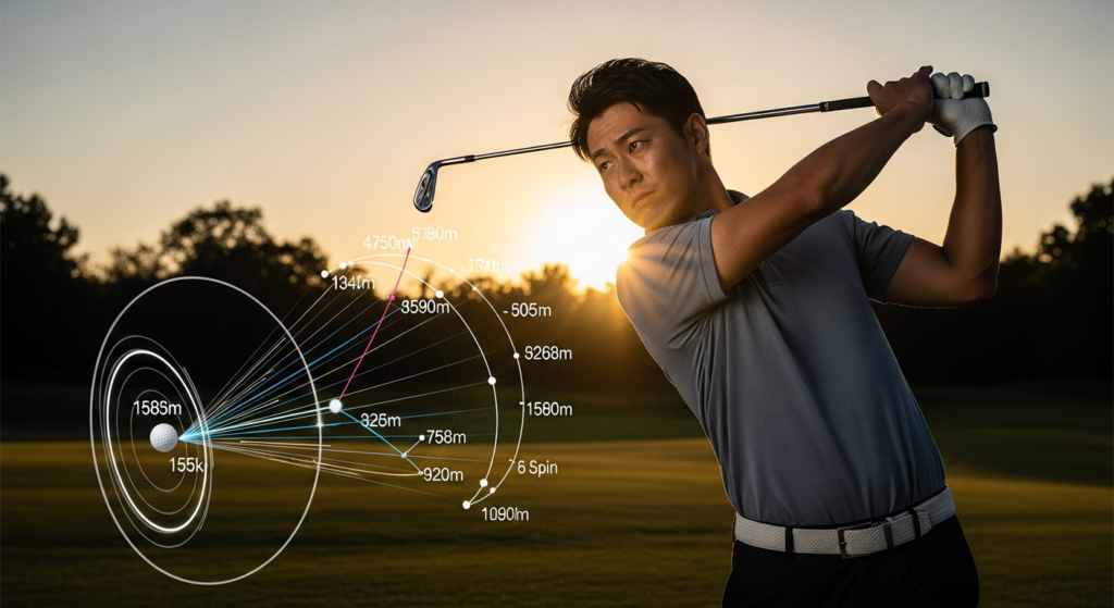 夕焼けのゴルフ場でスイング中の男性ゴルファーの隣に、ゴルフボールの軌道、飛距離、スピンなどの分析データがグラフィックで重ねて表示されています。