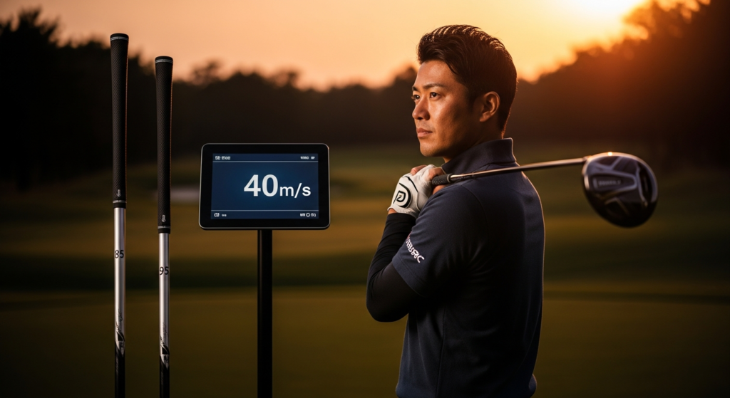 夕焼けを背景にしたゴルフコースで、ドライバーを肩にかけ真剣な表情のゴルファーが、40m/sと表示されたモニターと2本のゴルフクラブシャフトの隣に立っている。