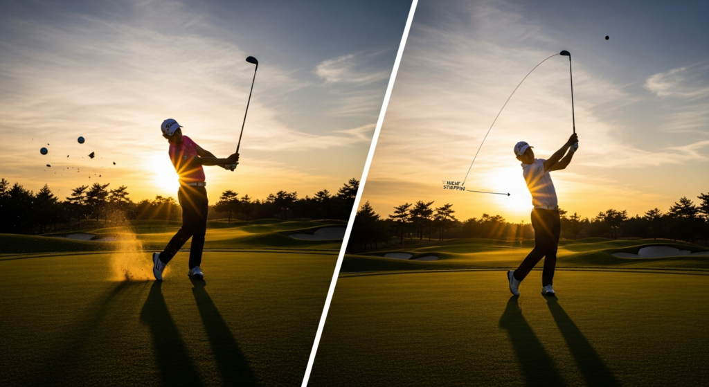 夕焼けのゴルフ場で、ゴルファーが砂を巻き上げながらボールを打つ瞬間(左)と、高い軌道を描いて飛ぶボールに「HIGN/STOPPIN」という文字と軌跡が描かれたシーン(右)を左右に並べた画像。