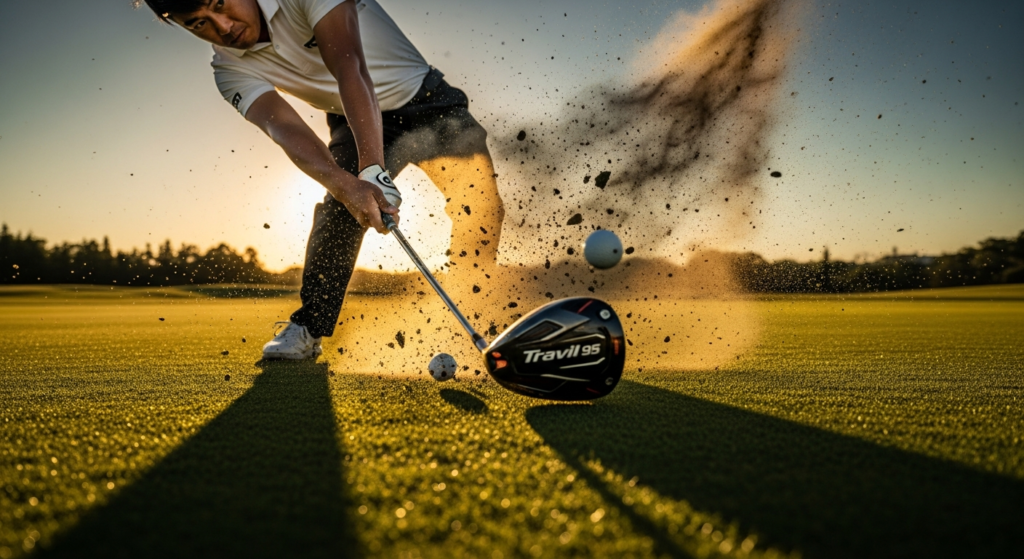 太陽を背にしたゴルファーがゴルフボールを打つ瞬間、土やボールがダイナミックに飛び散る様子を捉えた画像。