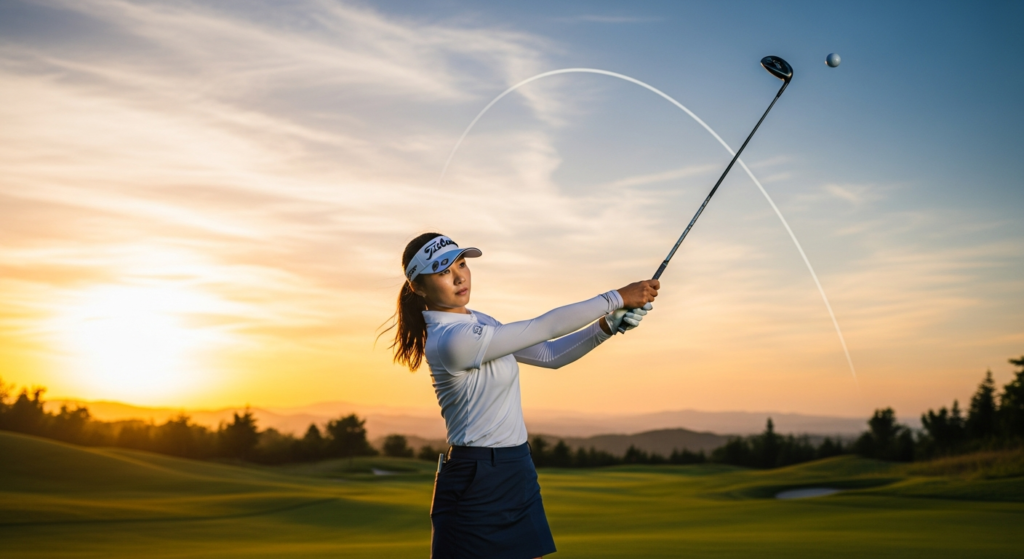 夕焼けのゴルフコースで、女性ゴルファーがスイングのフィニッシュをとり、白い軌跡を描いて飛ぶゴルフボールを見ている。