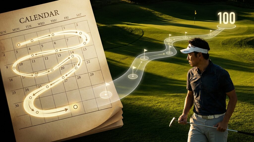 カレンダー上に描かれた時間の流れが、ゴルフコースの「100」という目標へと続く光る道のりとなり、ゴルファーがその道のりの一部に立つビジュアルです。
