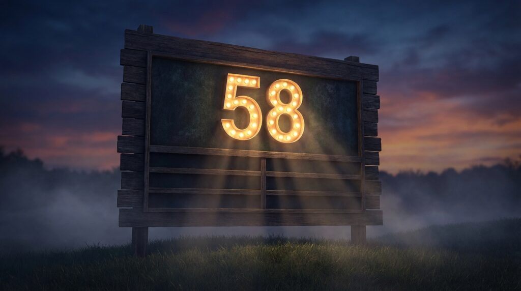 霧が立ち込める夕暮れの野原に立つ木製の看板に、電球で「58」の数字が明るく輝いています。