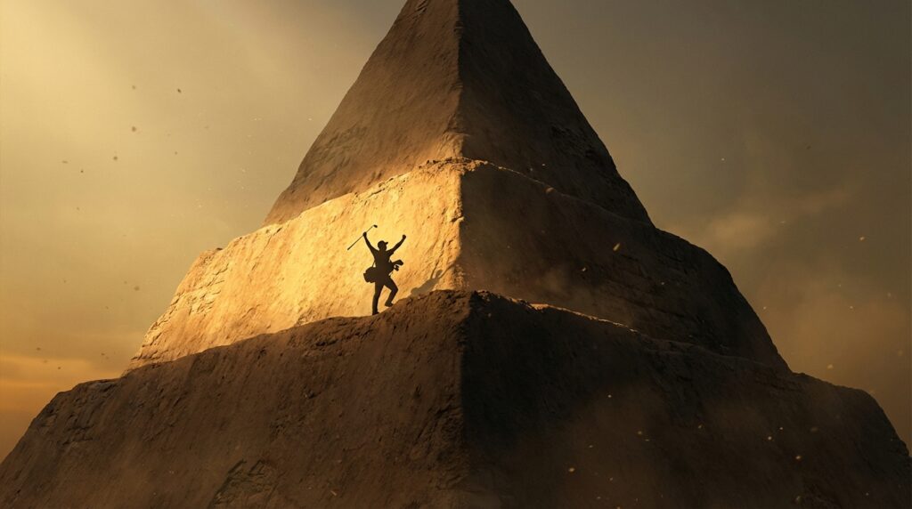 段々になったピラミッドに立つ、ゴルフのクラブを高く掲げて勝利を喜ぶゴルファーのシルエット。