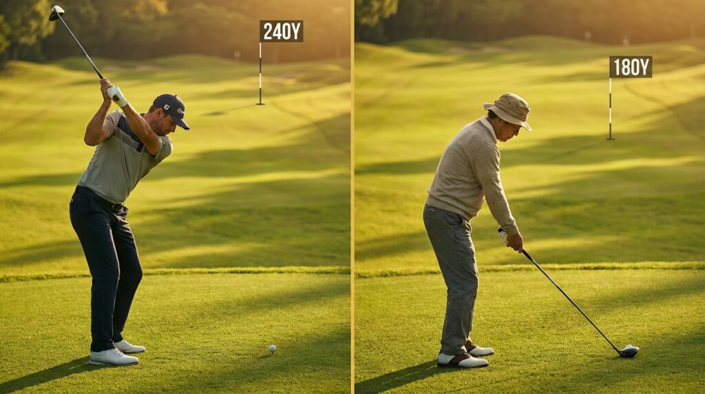 ゴルフコースで、左に240ヤードを示す若いゴルファーの力強いスイング、右に180ヤードを示す年配ゴルファーの構えが並べられている比較画像です。