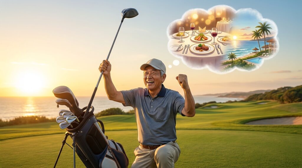 夕焼けのゴルフコースでゴルフクラブを掲げガッツポーズをして喜ぶ高齢男性が、頭上に豪華なディナーとビーチリゾートの夢を思い描いています。