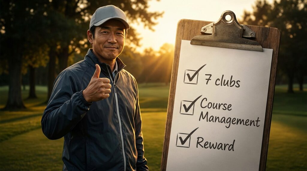 夕日のゴルフコースで笑顔で親指を立てるアジア人男性ゴルファーと、「7 clubs」「Course Management」「Reward」と書かれたチェックリストが写っている画像。