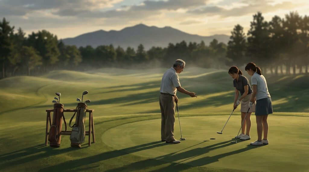 早朝のゴルフ場で、年配の男性が2人の若い女性にパッティングを教えている様子。