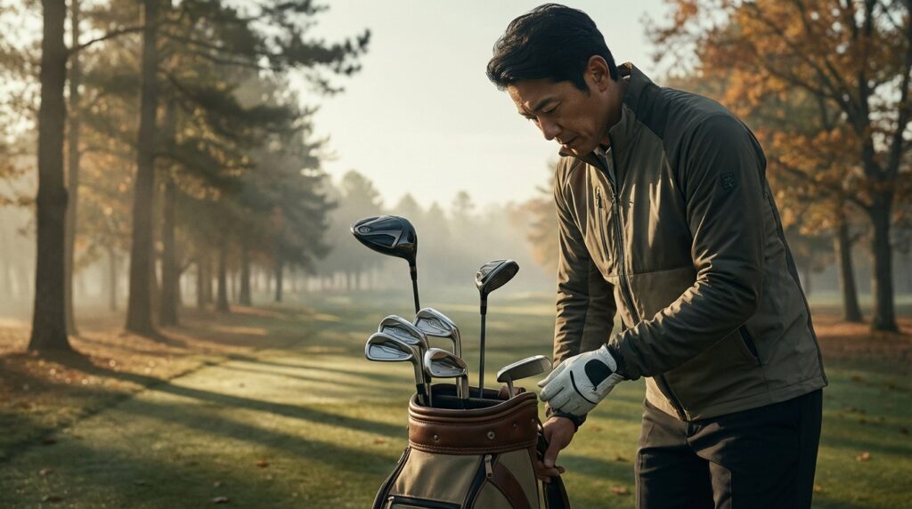 霧がかったゴルフコースで、男性ゴルファーがゴルフバッグの中のクラブを覗き込んでいる。