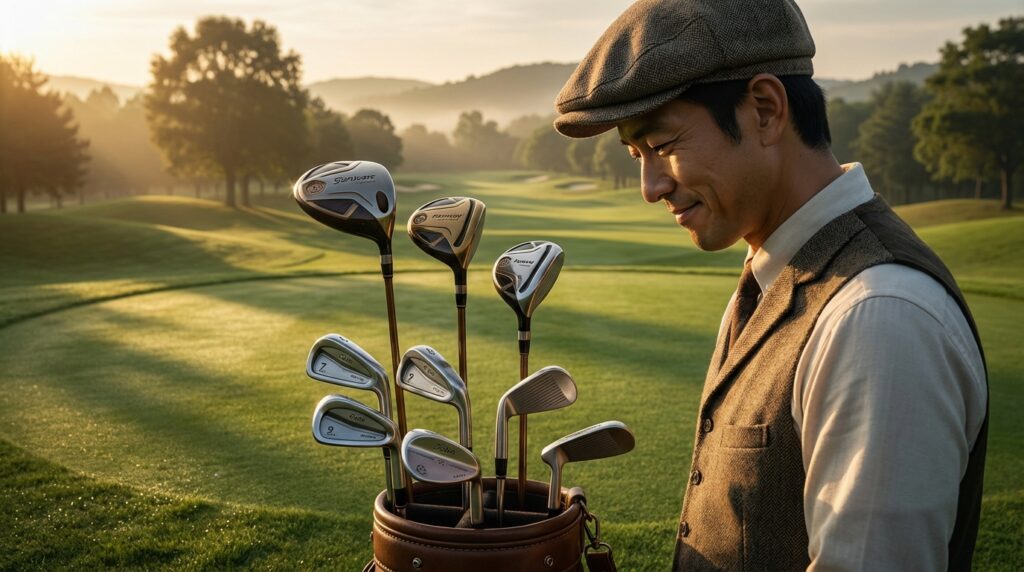 夕焼けのゴルフ場で、ハンチング帽をかぶった男性が、微笑みながらゴルフバッグのクラブを見つめている。