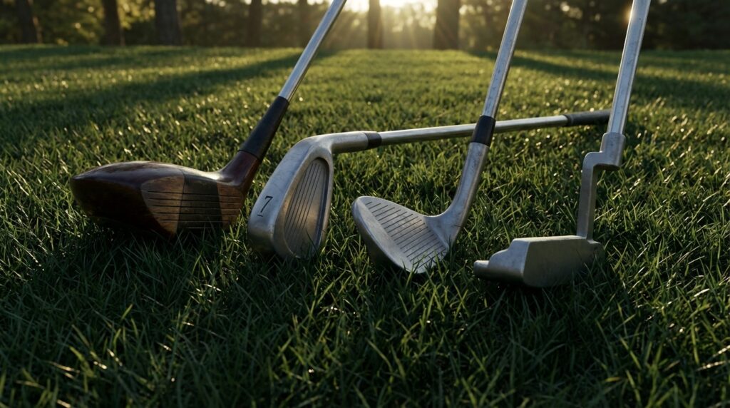 夕日が差し込むゴルフ場の芝生に、複数のゴルフクラブが並べられています。