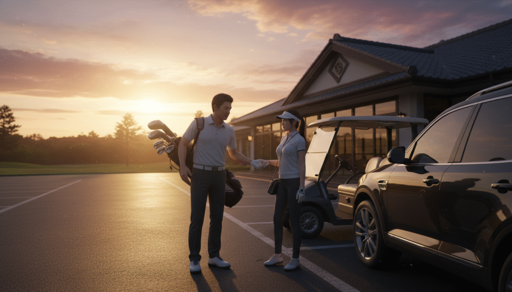 夕暮れのゴルフコースの駐車場で、ゴルフバッグを持つ男性と女性ゴルファーが、クラブハウスと車を背景に握手しています。