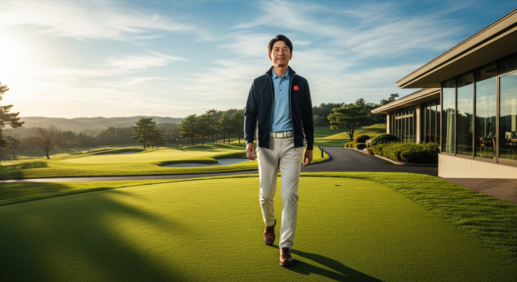 緑豊かなゴルフコースのグリーン上を、UNIQLOのロゴが入ったジャケットを着た男性が歩いている。