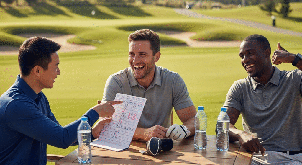 ゴルフコースで、3人の男性がスコアカードを囲んで楽しそうに笑い合っています。