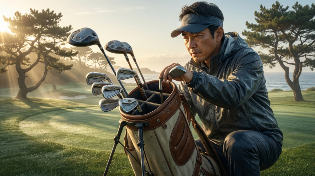 朝日が差し込む海沿いのゴルフコースで、ゴルフバッグからゴルフクラブを取り出す男性ゴルファー。