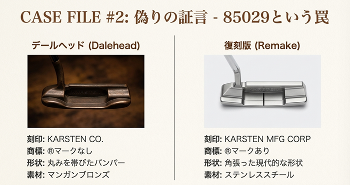PINGアンサー85029刻印の初期デールヘッドと復刻版の違いを比較した画像