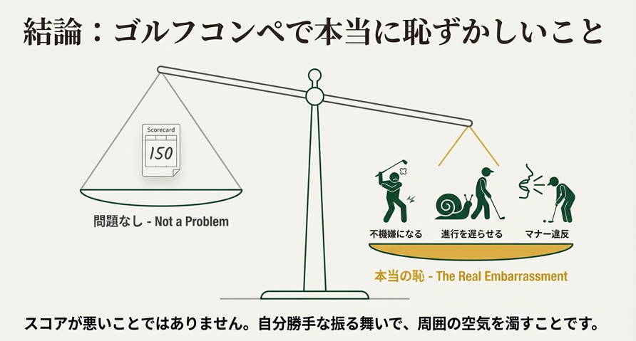ゴルフコンペで本当に恥ずかしいのはスコアではなくマナー違反であることを示す天秤のイラスト